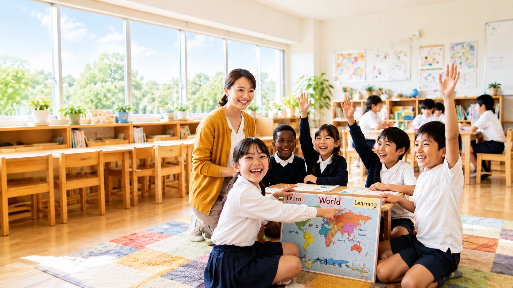 教室で笑顔の子どもたちと先生